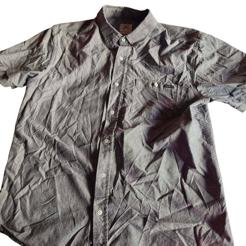 Rusty Mens Short Sleeve Button Down Shirt Gray Size Large Pocket Logo Casual